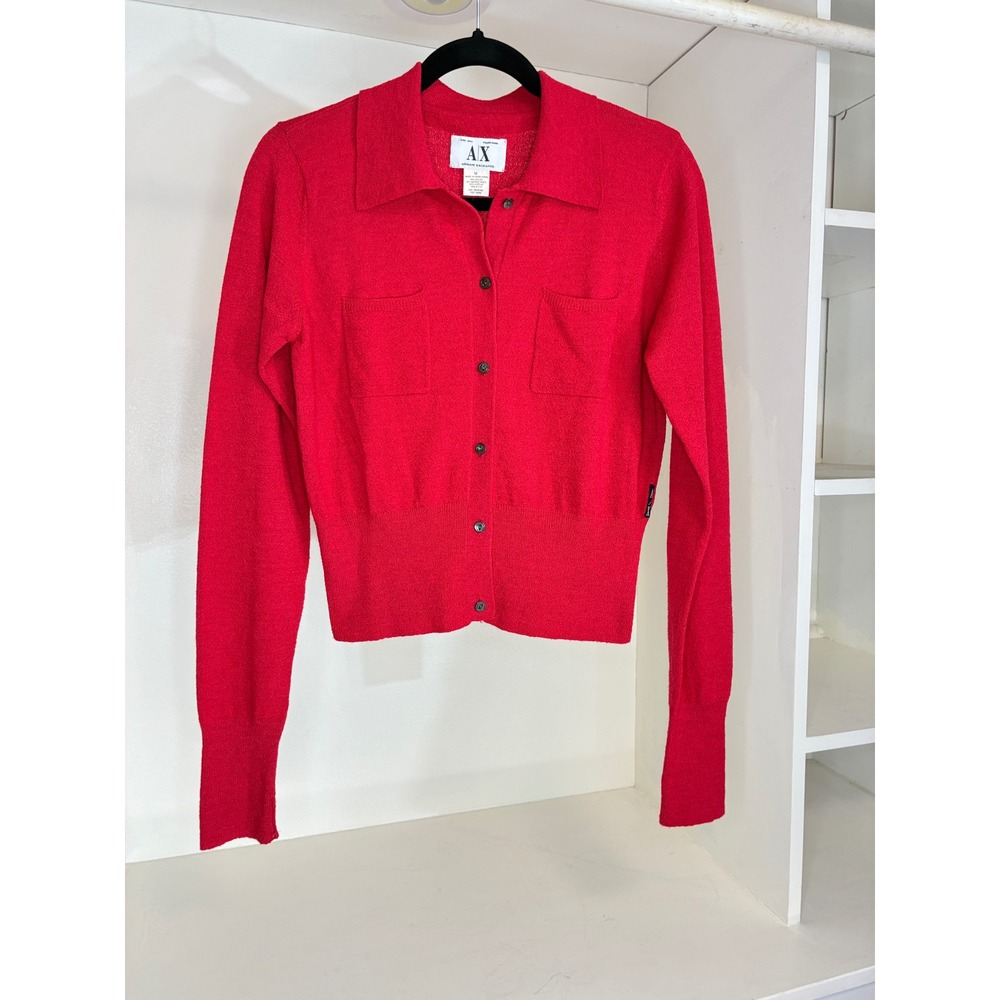 Armani Exchange Cardigan Women Medium Red Merino Wool Blend Button Front Sweater